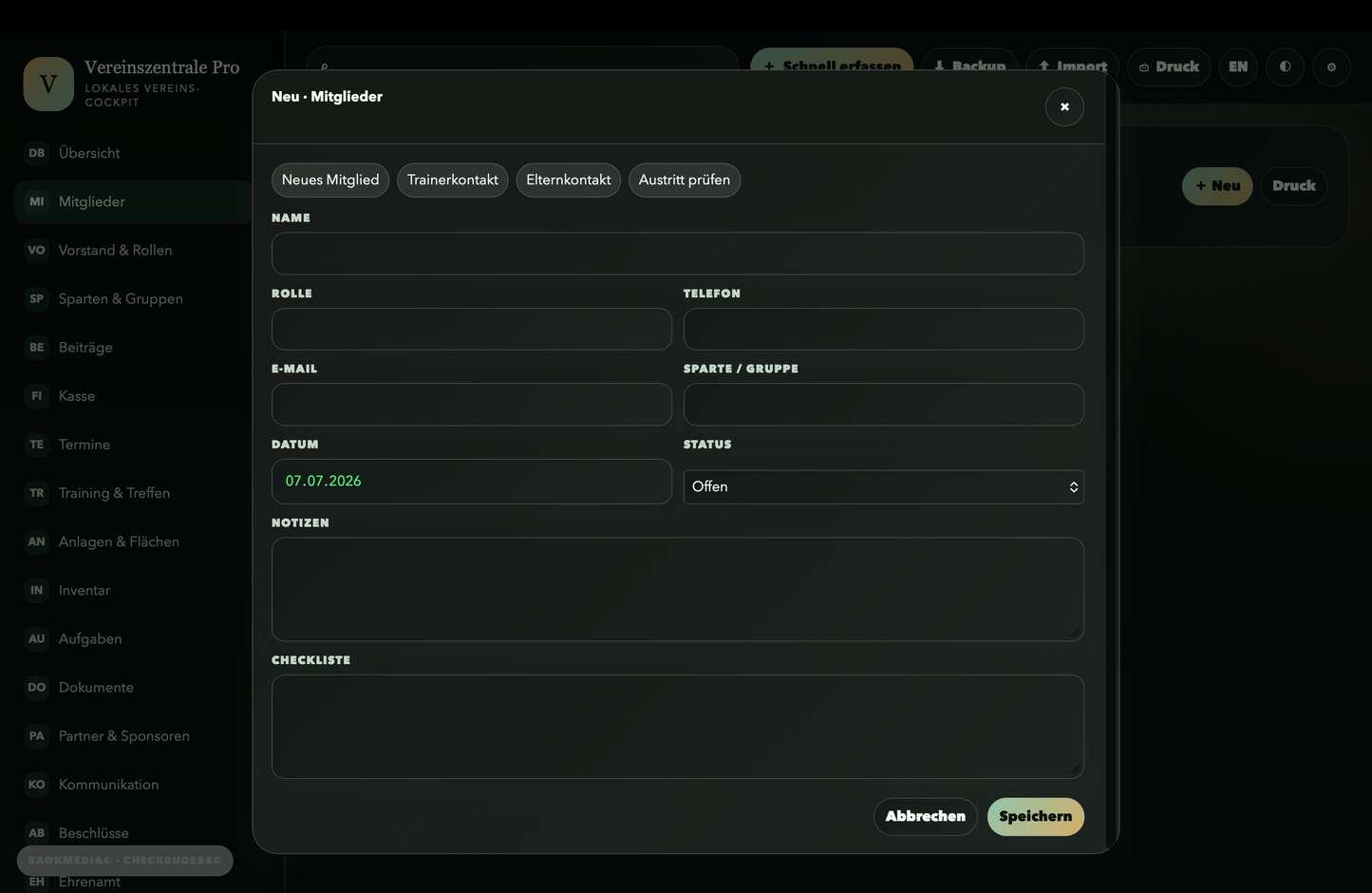 Vereinszentrale Pro HTML-App, Vereinsverwaltung offline, Mitglieder Beiträge Termine Kasse Dokumente Dashboard