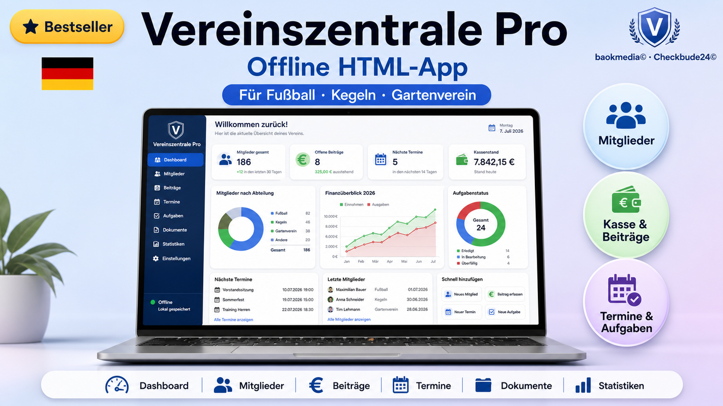 Vereinszentrale Pro HTML-App, Vereinsverwaltung offline, Mitglieder Beiträge Termine Kasse Dokumente Dashboard